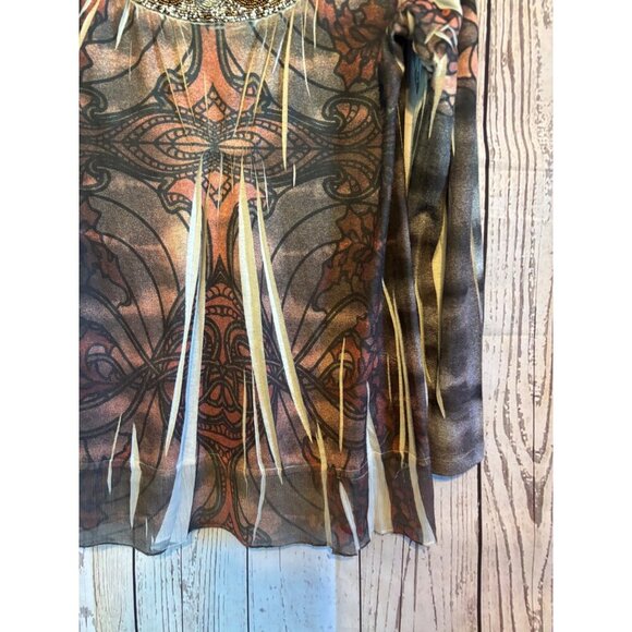 One World Black & Brown BOHO Top Shirt Beaded Design on Neck Size Large - Picture 3 of 8
